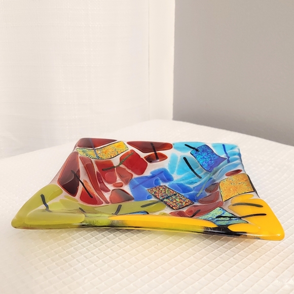 Abstract Fused Glass Dichroic Dish Art Trinket Vanity Bath Decor 6 " square - Picture 2 of 9
